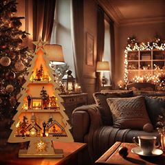 Solight LED dřevěný vánoční stromek s dekoracemi, 13x LED, přírodní dřevo, 53cm, 2x AA