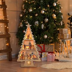 Solight LED dřevěný vánoční stromek s dekoracemi, 13x LED, přírodní dřevo, 53cm, 2x AA