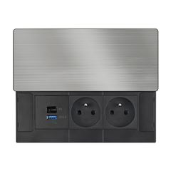Solight vestavný blok zásuvek s posuvným krytem, 2 zásuvky, USB A+C 65W PD, 2m, stříbrný