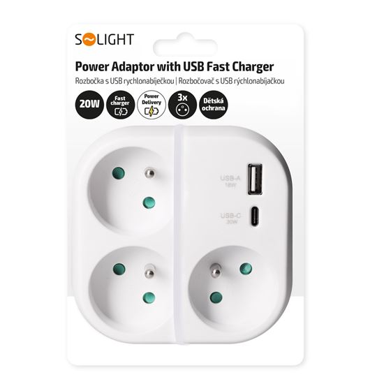 Solight rozbočka 3x 16A, USB A+C rychlonabíječka 20W PD, bílá