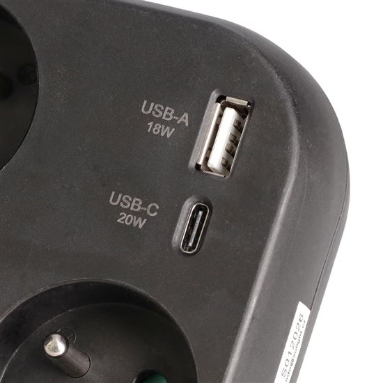 Solight rozbočka 3x 16A, USB A+C rychlonabíječka 20W PD, černá