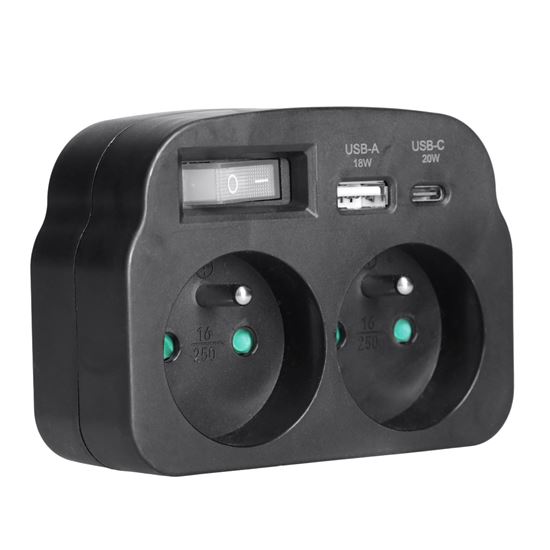 Solight rozbočka 2 x 16A, USB A+C rychlonabíječka 20W PD, černá, vypínač