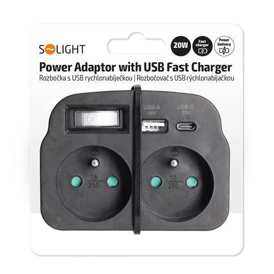 Solight rozbočka 2 x 16A, USB A+C rychlonabíječka 20W PD, černá, vypínač