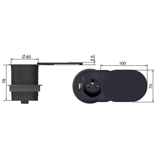 Solight 1z + USB A+C 20W PD vestavná zásuvka s posuvným víčkem, 2m, matná černá
