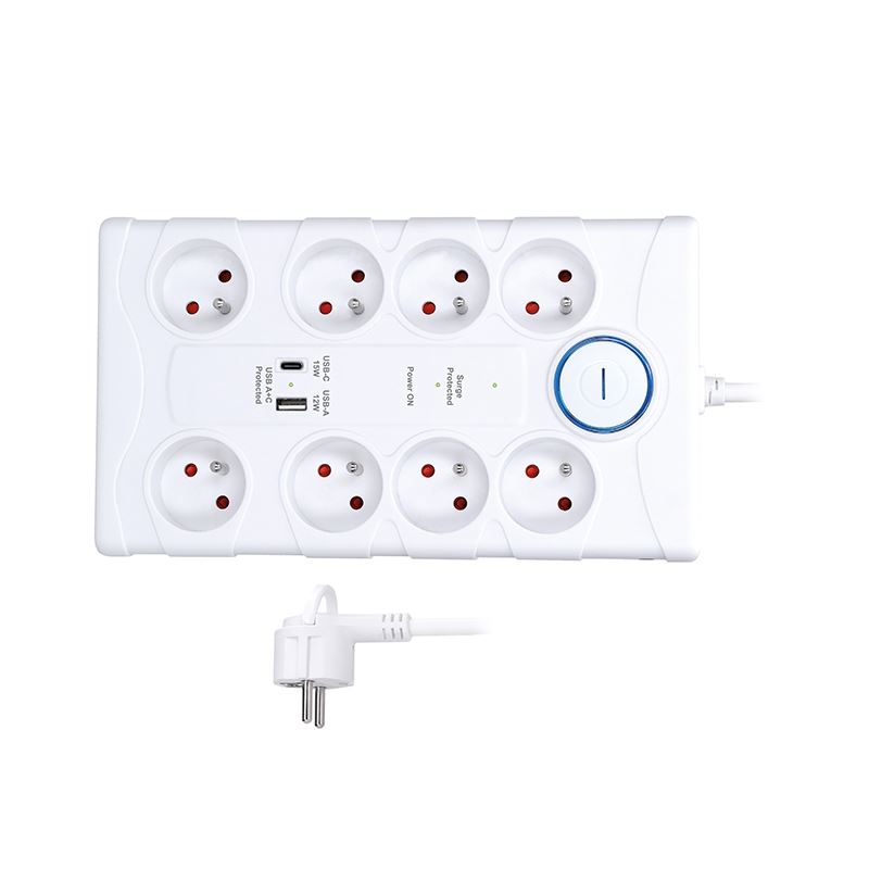 Solight přepěťová ochrana, 8z, USB A+C, 2m, bílá