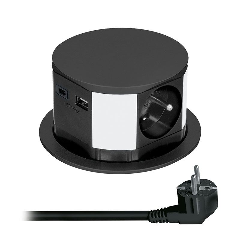 Solight výsuvný blok zásuvek, 3 x 16 A + USB A+C 20W PD, kabel 2m, černý
