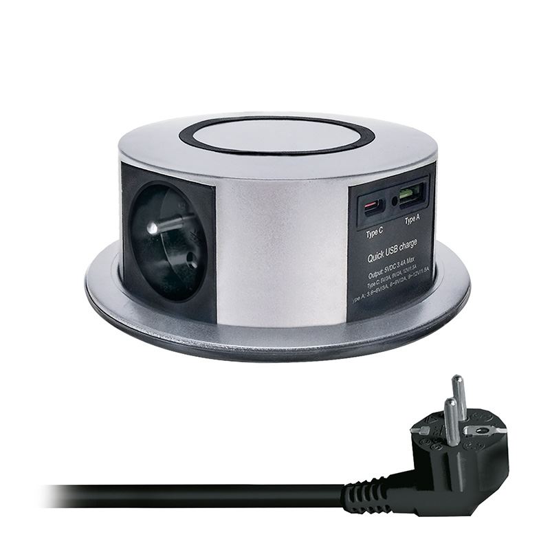 Solight 3z + USB A+C 20W PD, Wireless 10W, výsuvný blok zásuvek, 2m,  stříbrný