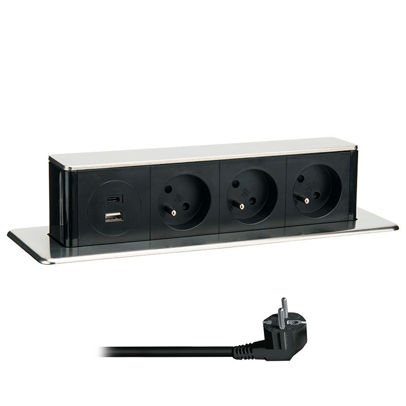 Solight 3z + USB A+C 20W PD výsuvný blok zásuvek, 2m, nerez ocel