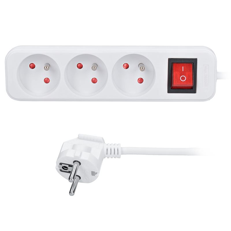 Solight prodlužovací přívod 3m, 3 zásuvky, vypínač, 16A/3680W, PVC, bílý